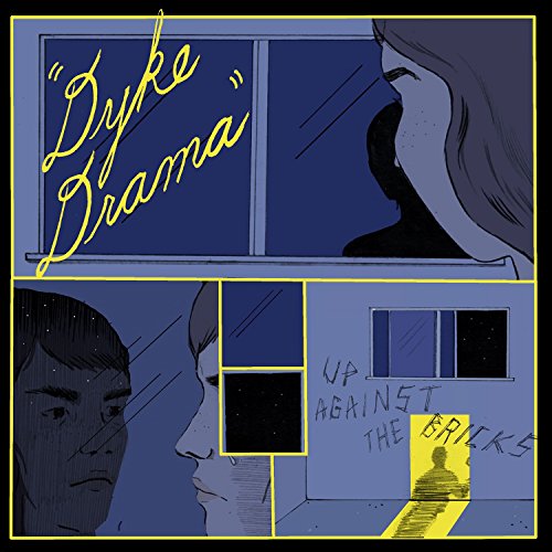 The image depicts a comic-style illustration of a woman and two men. Alt text: "Blue-toned comic panel with 'Dyke Drama' text and three character profiles."