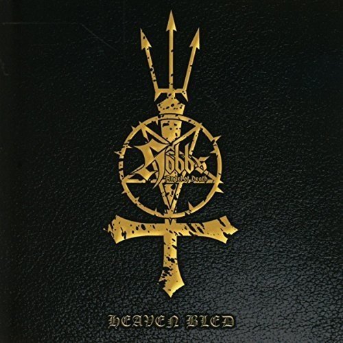 "Album cover with a gold trident and cross on a black leather background."