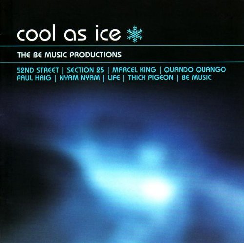 "CD cover with 'cool as ice' text, blue light, and artist names on black background."
