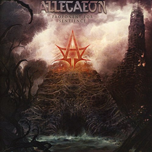 Dark fantasy album cover with red symbol, twisted landscape, and ominous cloudy sky.