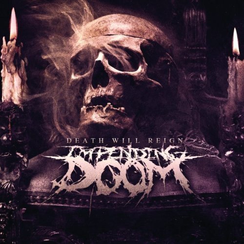"Album cover with a skull on a throne, surrounded by candles, in a dark atmosphere."