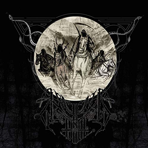 "Black album cover with white illustration of horsemen and ornate designs."