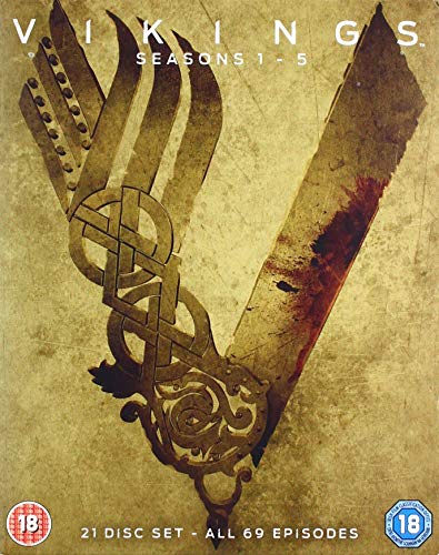 "Vikings Seasons 1-5 Blu-ray cover featuring a Viking axe on a gold background."