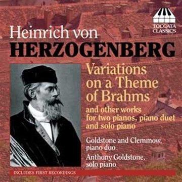 CD cover with portrait of Heinrich von Herzogenberg against a red-tinted cityscape background.