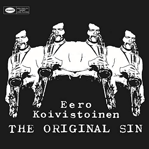 "Black album cover with white illustration of four men playing saxophones and text."