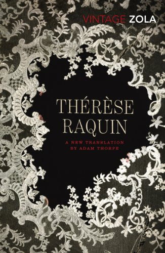 Book cover with black background, beige lace border, and title "Thérèse Raquin" in gold lettering.