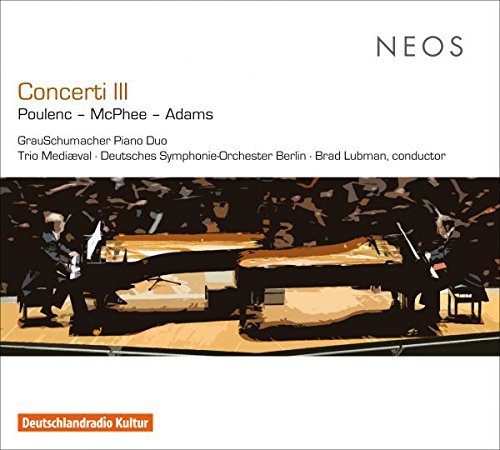 A CD cover featuring two pianists performing on stage with an orchestra.