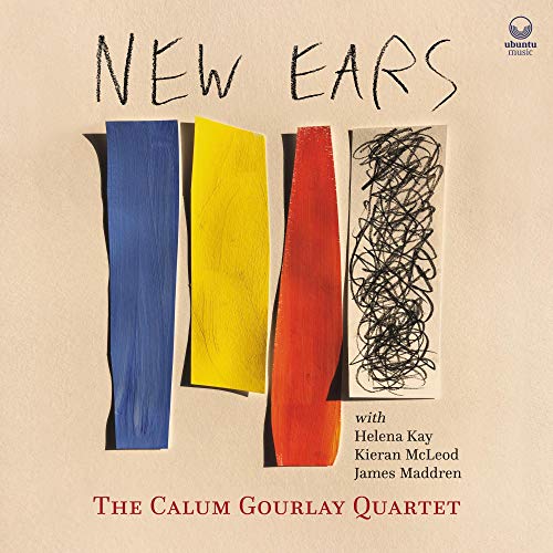 Album cover with abstract shapes and text "New Ears" on beige background.
