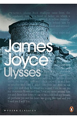 "Book cover of 'Ulysses' by James Joyce, featuring a stone tower on a cliff."