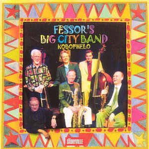 "Fessors Big City Band CD cover featuring six musicians against a colorful geometric background."
