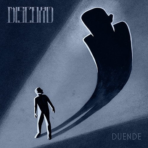 Album cover with a person approaching a large, looming shadow on a dark blue background.