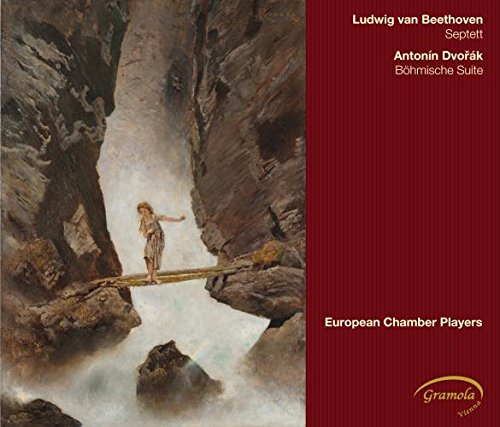 "CD cover with painting of a man on a wooden bridge, red panel with text."