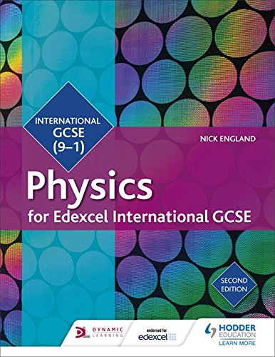 "Edexcel International GCSE Physics Student Book cover with multicolored circles and text overlay."