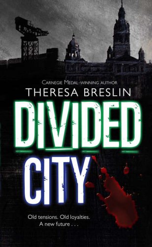 "Book cover with 'Divided City' title, blood splatter, and dark cityscape in the background."