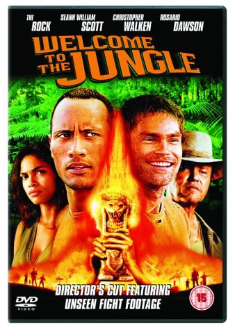 "DVD cover for 'Welcome to the Jungle' featuring four actors and jungle imagery."