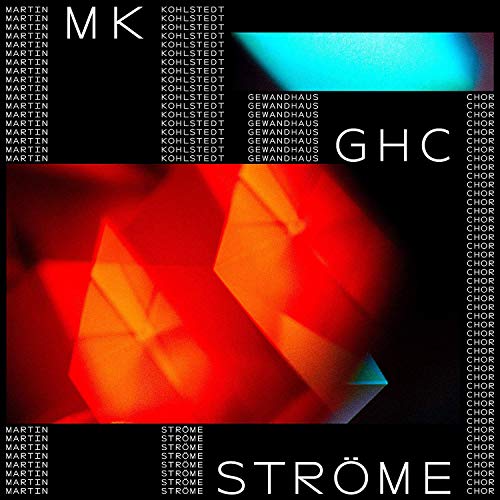 "Album cover with abstract red and blue shapes on black background, featuring white text."