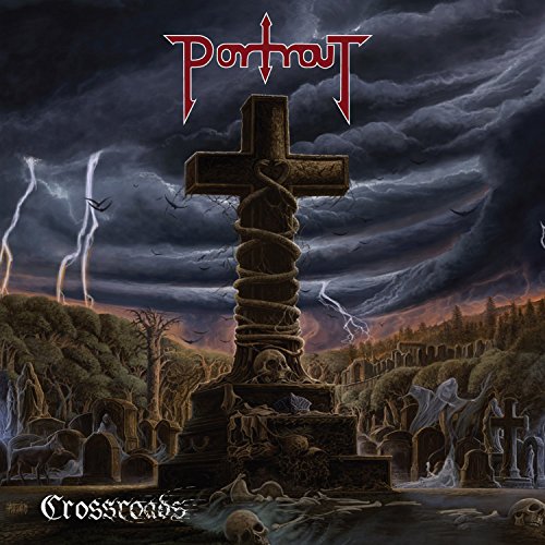 "Album cover art: a large cross in a dark, stormy graveyard with skulls and tombstones."