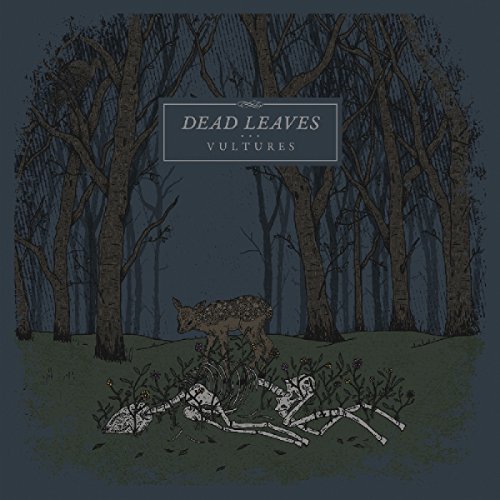 "Album cover art: a vulture near a skeleton in a dark forest."
