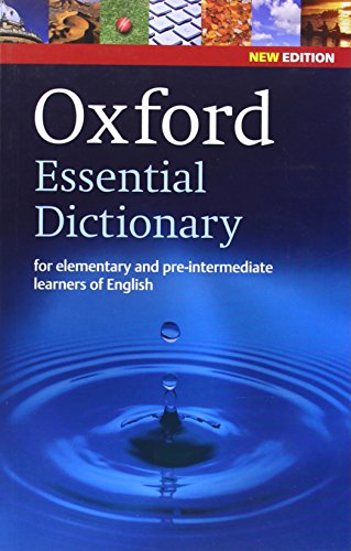 "Book cover with 'Oxford Essential Dictionary' title and water droplet image on blue background."