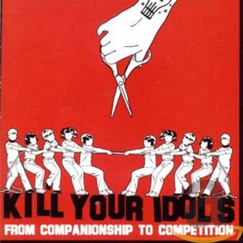 Red album cover depicting a tug-of-war with scissors cutting the rope.