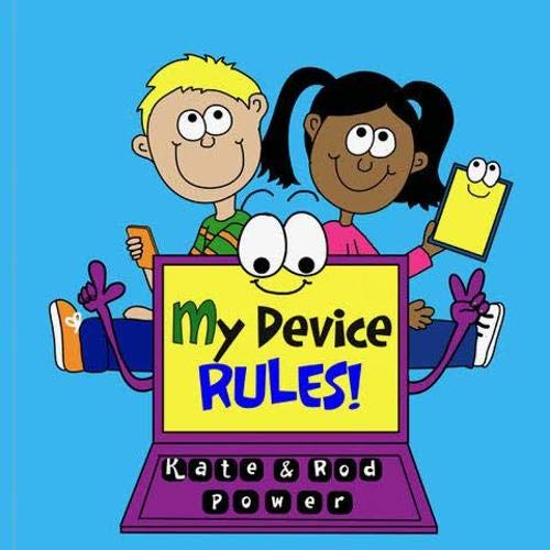 The image shows a cartoon boy and girl sitting behind a large purple laptop.