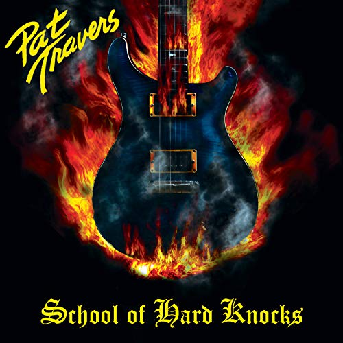 "Album cover with a blue guitar engulfed in flames, against a black background."