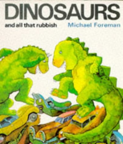 "Book cover featuring two green dinosaurs standing on a pile of junk."