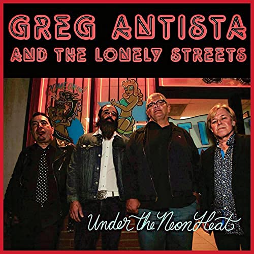 "Album cover featuring four men standing in front of a neon-lit window."