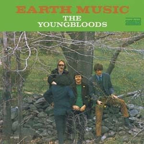 "Vinyl album cover with three men sitting on rocks in a wooded area."