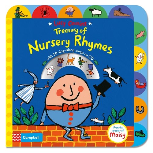 "Children's book cover featuring Humpty Dumpty, with colorful border and CD mention."
