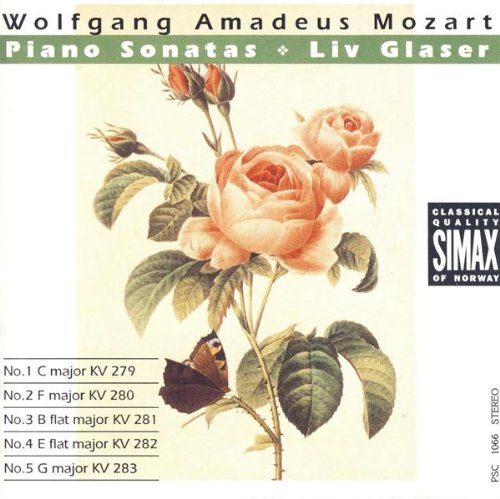 "CD cover with a beige background, peach roses, and a butterfly, featuring Mozart's piano sonatas."