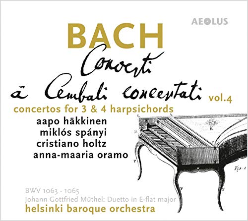 CD cover with harpsichord illustration and text about Bach concertos.