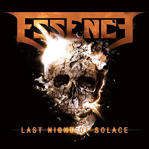 "Album cover with a skull exploding, 'ESSENCE' and 'LAST NIGHT OF SOLACE' text on black background."