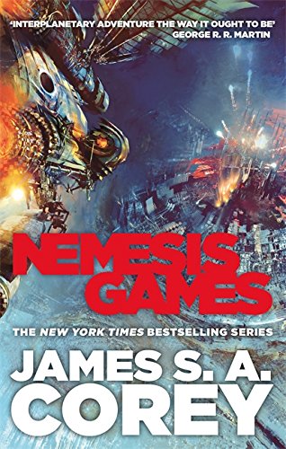 "Book cover of 'Nemesis Games' by James S. A. Corey, depicting a spaceship battle scene."