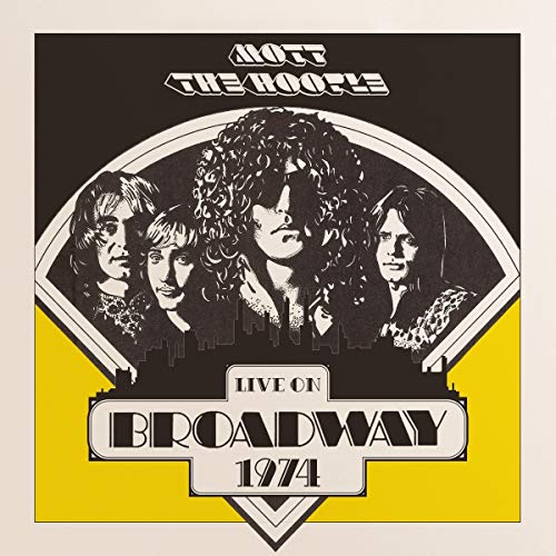 "Mott the Hoople album cover featuring black and white band portraits on yellow and black background."