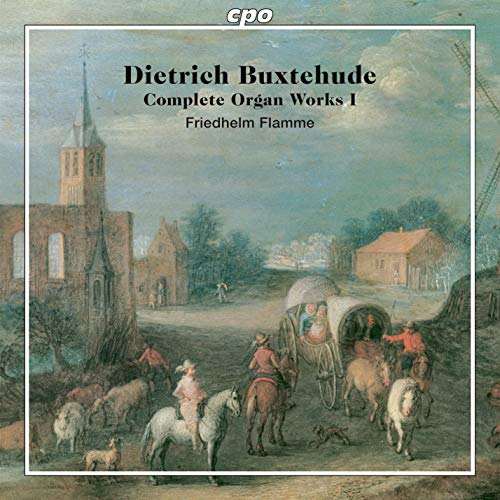 "CD cover with vintage painting of travelers and animals near a church."