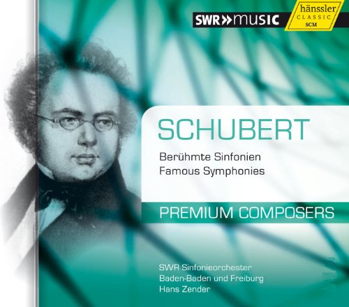 "CD cover with black and white portrait of Franz Schubert, green abstract background."