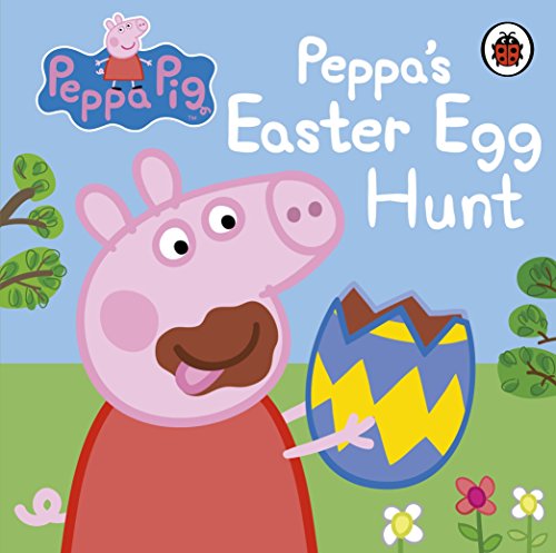 "Children's book cover featuring Peppa Pig holding a decorated Easter egg in a garden."