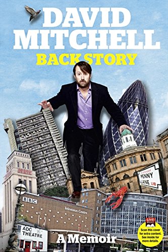 "Book cover of 'David Mitchell: Back Story' featuring a man jumping between London buildings."