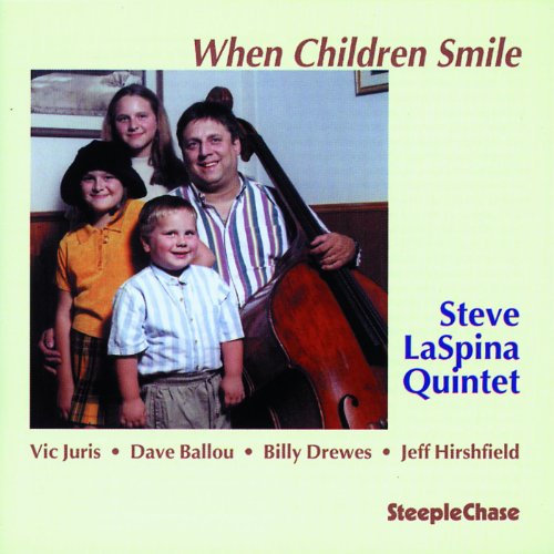 "Album cover with a man, double bass, and three children, on pale green background."