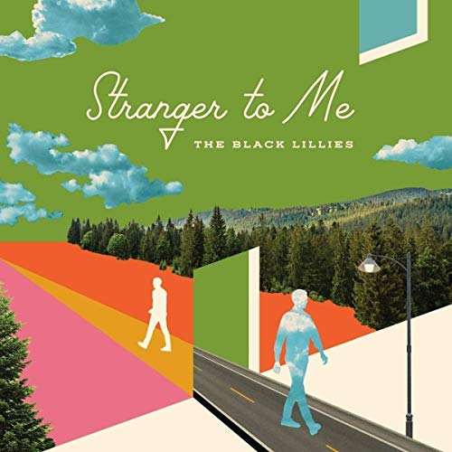 "Album cover with green background, featuring silhouettes walking on a road and colorful pathway."