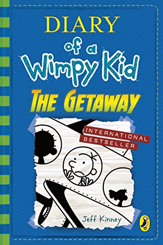 "Blue book cover with 'Diary of a Wimpy Kid: The Getaway' title and cartoon illustrations."