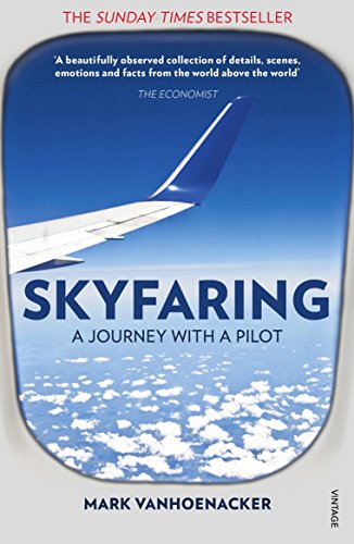 The alt text for the image is: "Book cover with airplane wing and clouds, titled 'Skyfaring'".