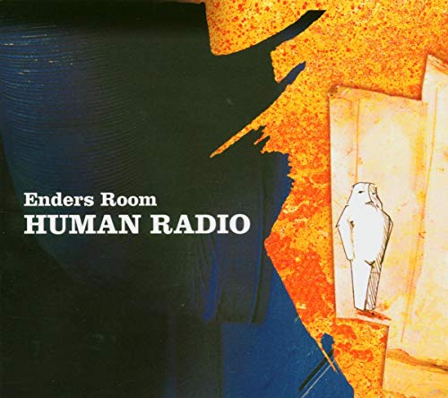 "Album cover with abstract orange and blue background, featuring a shadowy figure and a sketched person."