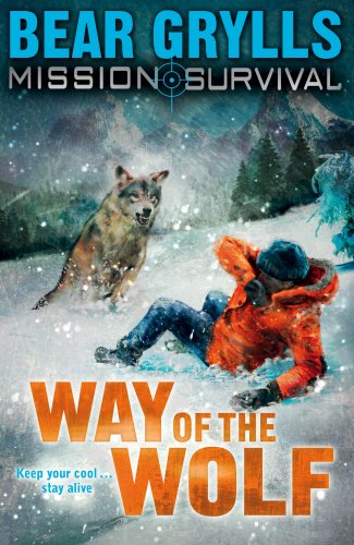"Book cover showing a person in orange jacket being chased by a wolf in snowy landscape."
