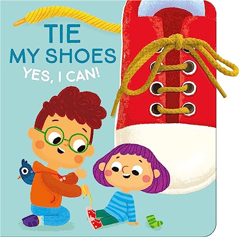 Child learning to tie shoes with a red boot and yellow laces.