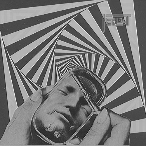 "Black and white vinyl album cover with man holding a mirrored mask."