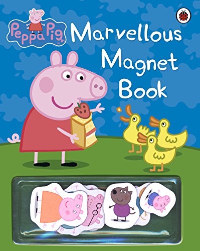 "Children's book cover featuring Peppa Pig and magnetic cutouts of cartoon characters."