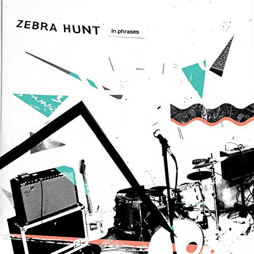 "Album cover with drum kit and guitar, abstract shapes, and 'Zebra Hunt' text."