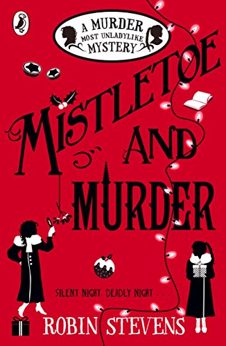 "Mistletoe and Murder" book cover with red background, black title, and festive illustrations.